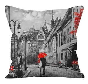 Détail d'une housse de coussin carrée avec motif de rue européenne style peinture