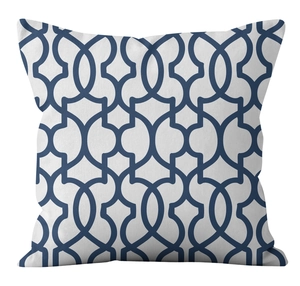 Detail of blue geometric Moroccan pattern on high-quality linen cushion cover