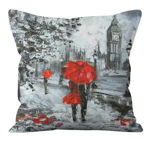 Housse de coussin style peinture à l'huile avec Big Ben de Londres et parapluie rouge