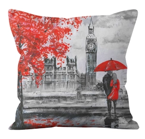Détail d'une housse de coussin avec peinture à l'huile de Big Ben et couple au parapluie