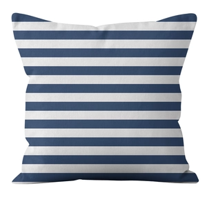 Detail of navy blue and white horizontal stripes on a square linen cushion cover