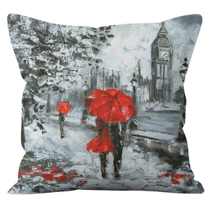 Housse de coussin artistique Londres Big Ben avec scène de rue au parapluie rouge