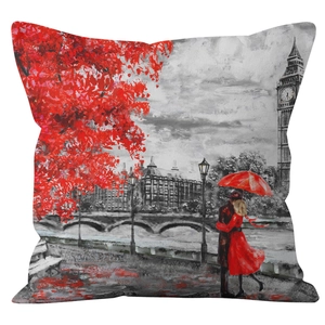 Housse de coussin carrée avec peinture à l'huile de Londres, couple et parapluie rouge