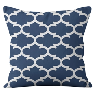 Navy blue linen throw pillow cover featuring white geometric chain patterns on white background
