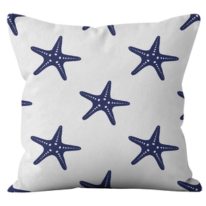 Square linen pillowcase featuring a blue starfish pattern on a clean white background