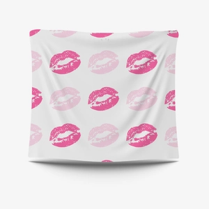 Minimalist rectangular white tapestry featuring repeated pink lip patterns for wall decor