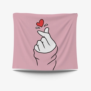 Pink minimalist wall tapestry featuring a finger heart illustration with red heart accent