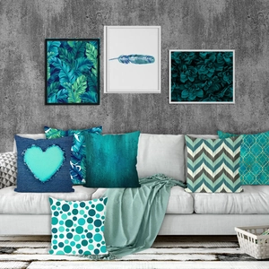 Set of 6 teal and navy geometric pillow covers with heart, leaf, and chevron patterns