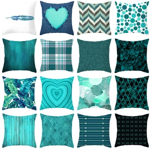 Teal geometric throw pillow covers set featuring diverse patterns for home sofa decoration