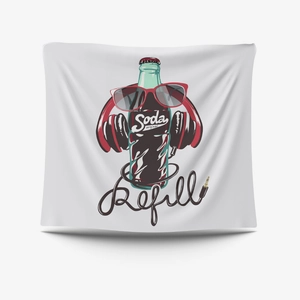 Minimalist cat soda tapestry with retro headphone bottle print and Refill text for wall decor