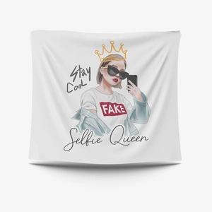 Cartoon girl selfie wall tapestry featuring Stay Cool and Selfie Queen artistic letters