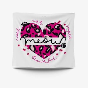 Close-up of leopard print heart and meow text on cartoon cat wall tapestry fabric