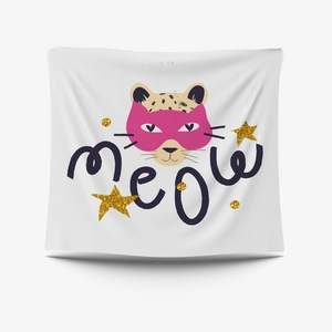 Close-up of fabric texture showing cartoon leopard with meow text and golden stars