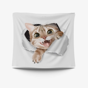 Detail of 3D cat print tapestry showing a brown kitten emerging from a torn fabric hole