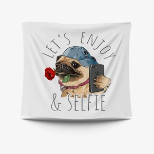 Close-up of pug dog illustration with red rose and phone on a decorative wall tapestry