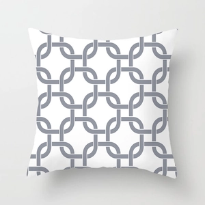 Close-up detail of grey geometric linked pattern on white peach skin throw pillow cover