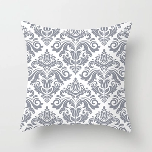 Detail view of gray European damask geometric pattern on a square peach skin pillowcase