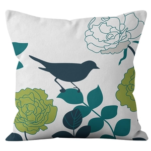 Square linen pillow cover featuring elegant teal bird silhouettes and floral patterns