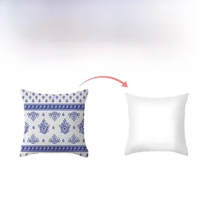 Detail view of blue floral pillowcase showing printed front and plain white back