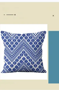 Detail of blue geometric ceramic pattern on a modern square cushion cover fabric