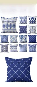 Detail showing 13 styles of blue and white geometric patterns on decorative pillowcases