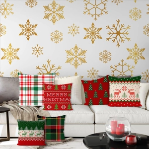 Christmas Linen Pillow Cover Decorative Cushion Case Xmas Decor Red Green Plaid Reindeer Tree Pattern Home Sofa Square
