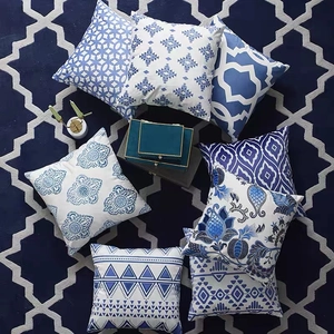 Blue and White Geometric Pattern Throw Pillow Cover Modern Peach Skin Short Plush Cushion Case For Sofa Home Decor