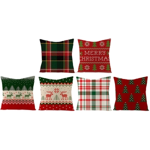 Set of 6 Christmas linen pillow covers with reindeer, snowflakes and plaid patterns