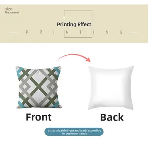 Detail view of the green geometric pattern on front and plain white back of the pillow cover