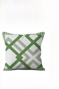 Detail of Nordic green geometric pillowcase with classic Greek key pattern and stripes