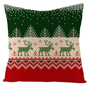 Detail of Christmas linen pillowcase showing Nordic reindeer pattern and texture