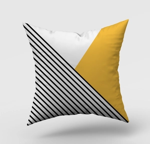 Detail of Nordic geometric pillow cover with yellow and black striped fabric textures