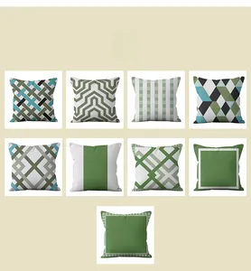 Macro display of nine green and gray geometric patterns for Nordic pillow covers
