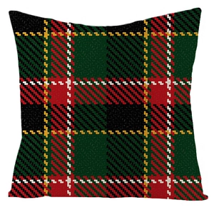 Detailed view of the woven linen texture and classic red and green plaid tartan pattern
