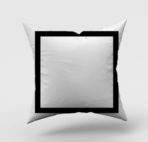 Detail view of modern minimalist square pillowcase featuring black geometric line frame