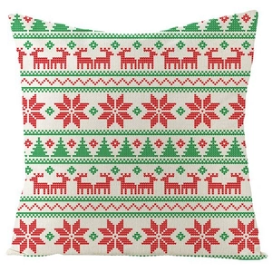 Christmas linen pillow cover with red reindeer and green trees on beige fabric