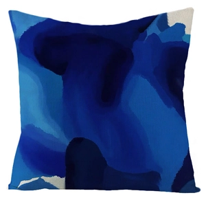 Macro shot of blue abstract oil painting pattern on linen square pillowcase fabric