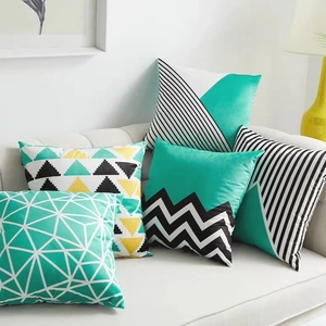 Set of five modern Nordic geometric pillow covers in vibrant yellow and blue patterns