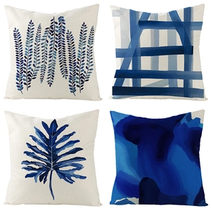 Modern Blue Geometric Plant Leaf Pattern Imitation Linen Pillowcase Decorative Cushion Cover For Sofa Living Room Home Decor