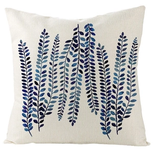 Minimalist blue botanical leaf print square linen pillowcase on clean white background