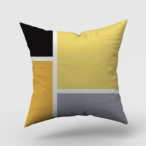 Modern minimalist geometric pillow cover with yellow, black, and grey block patchwork