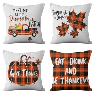 Set of four Thanksgiving pumpkin plaid pillow covers featuring autumn buffalo check designs