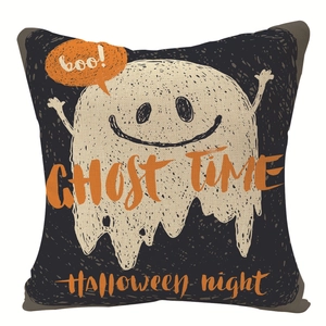 Halloween decorative linen pillowcase featuring a cute ghost and festive text on black fabric