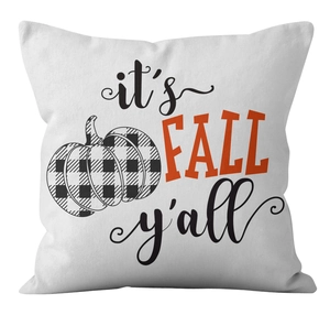 Detailed close-up of white festive pumpkin pillowcase with it's FALL y'all typography