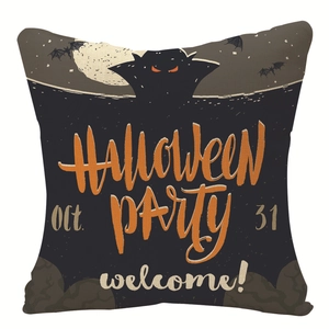 Close-up of linen Halloween pillowcase with vampire, full moon, and bat pattern prints