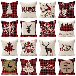 Christmas Buffalo Plaid Linen Pillowcase Rustic Reindeer Snowflake Christmas Tree Cushion Cover For Sofa Home Decor Holiday Gift