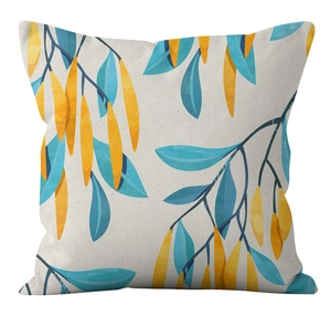 Detailed close-up of modern botanical leaf print on a cream canvas pillow cover texture