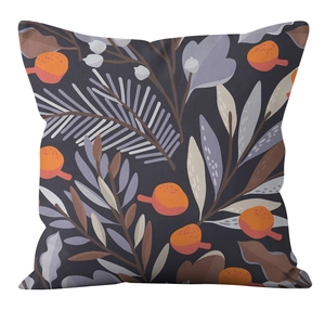 Detail of modern floral leaf print pillowcase with abstract gray and orange patterns