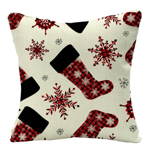 Christmas plaid linen pillow cover with snowflake and stocking for holiday home decor