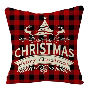Christmas Buffalo Plaid Linen Pillow Cover with Reindeer and Tree Print for Home Decor